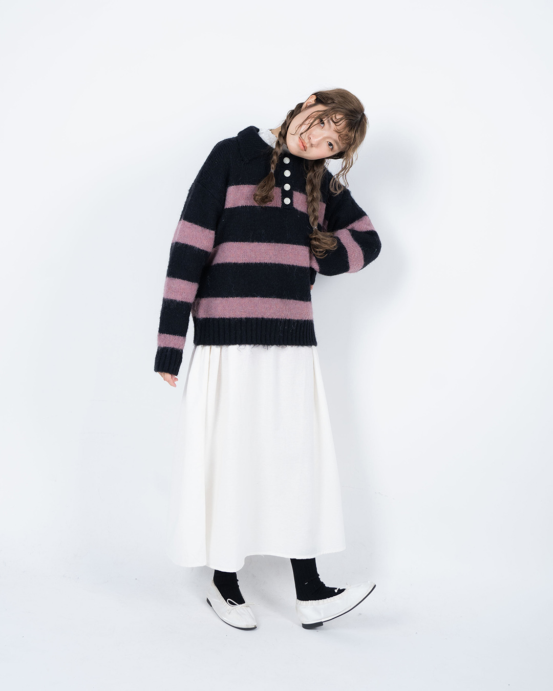 POLO領針織橫紋拼色毛衣