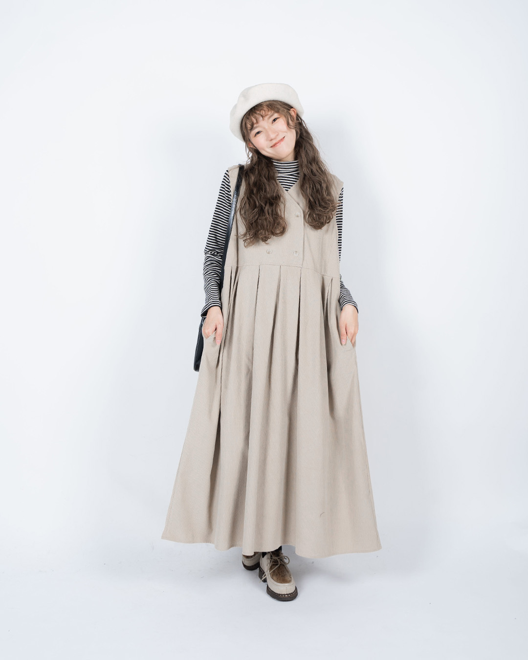 燈芯絨孖襟百摺背心onepiece