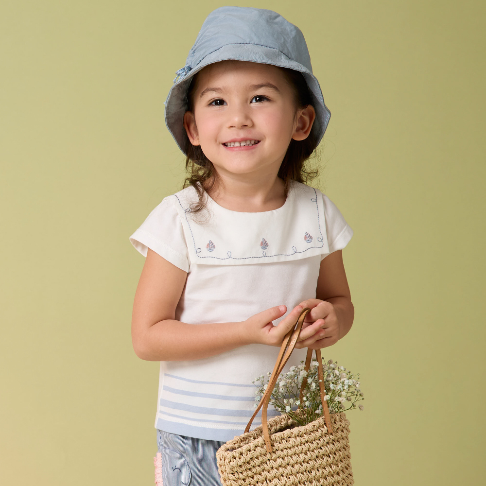 PIPPY優雅小帆船刺繡棉質水手領上衣 白