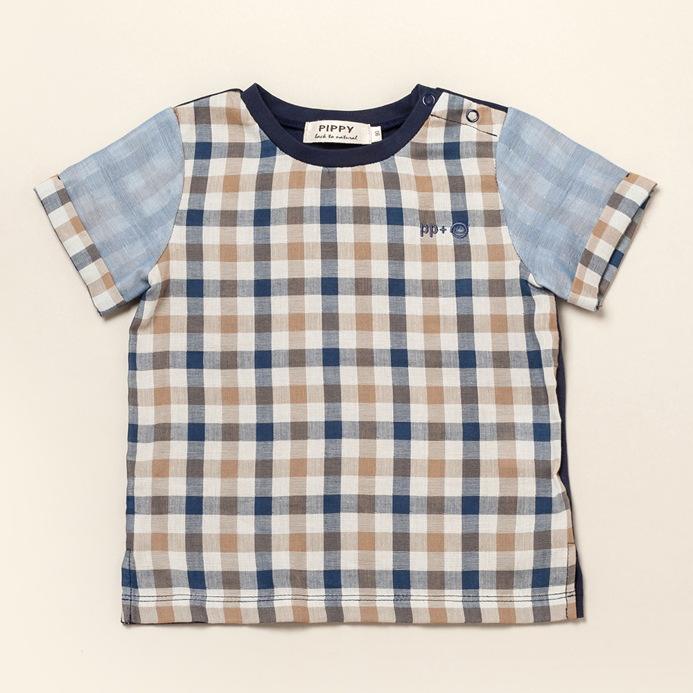 PIPPY 帥氣格紋拼接棉質圓領上衣 藍