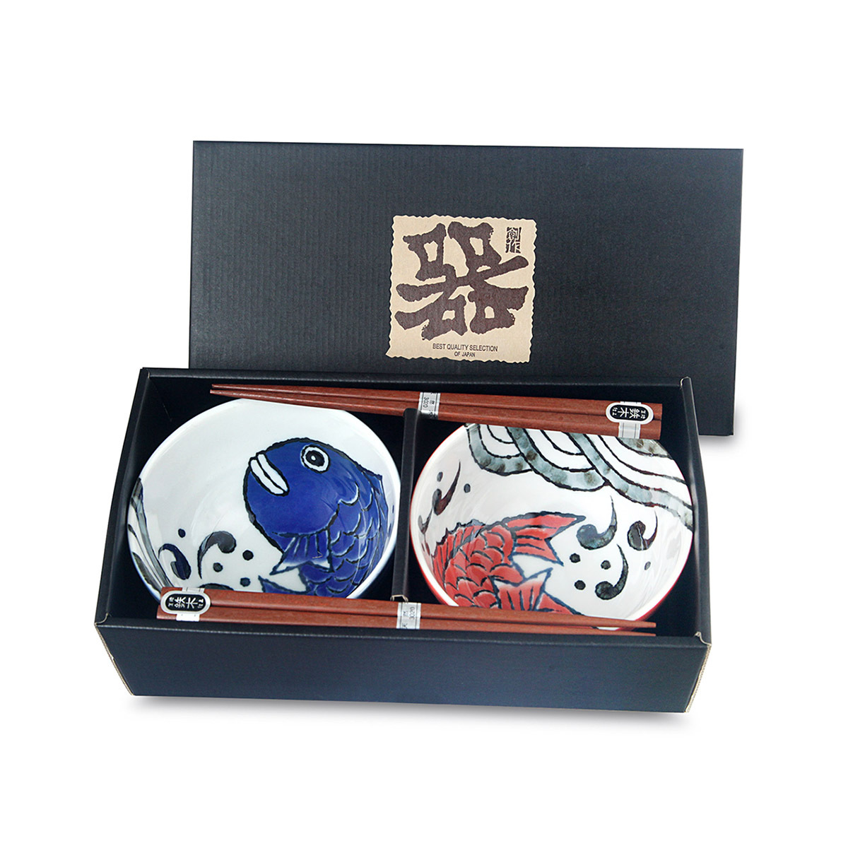 日本 美濃焼 鯛魚 2件 D13.5cm瓷器碗連2對木筷子套裝 -682720