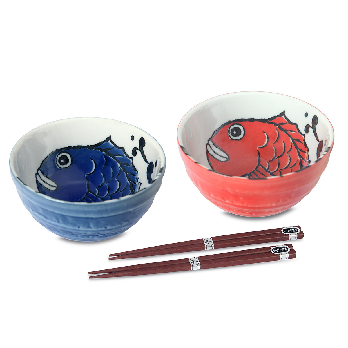 日本 美濃焼 鯛魚 2件 D13.5cm瓷器碗連2對木筷子套裝 -682720