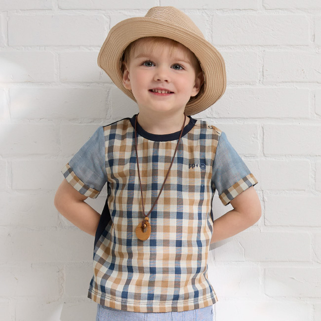 PIPPY帥氣格紋圓領拼接棉質上衣 藍