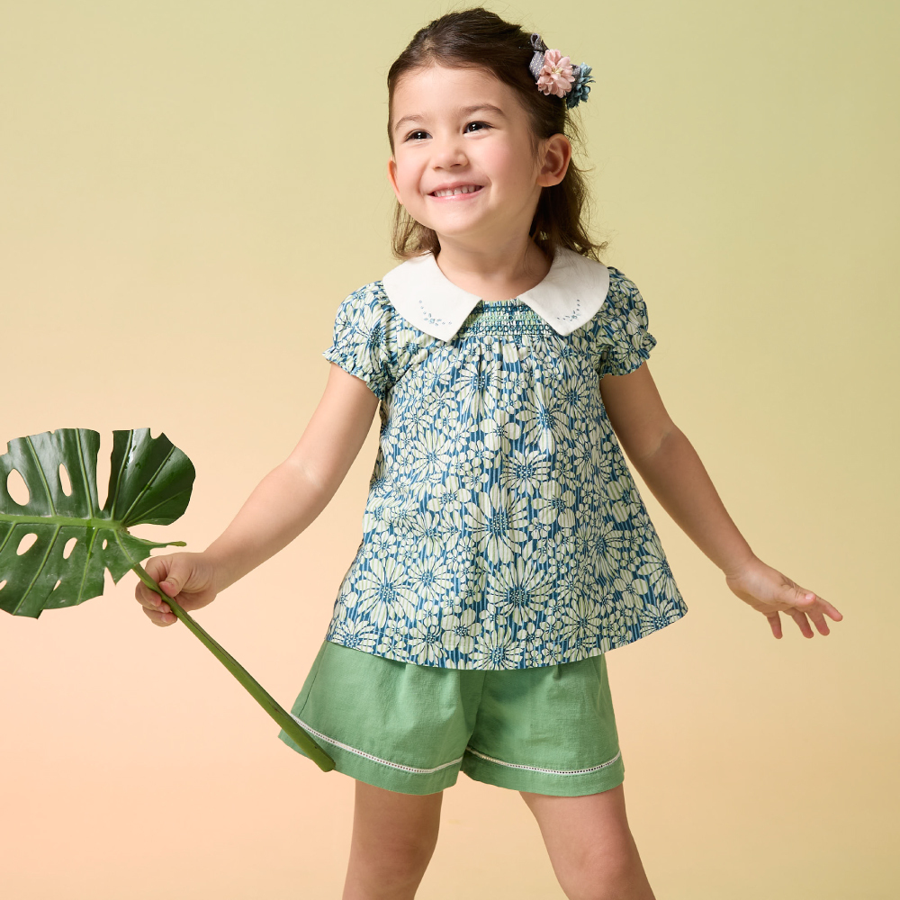 PIPPY純棉百搭花瓣領碎花上衣 綠