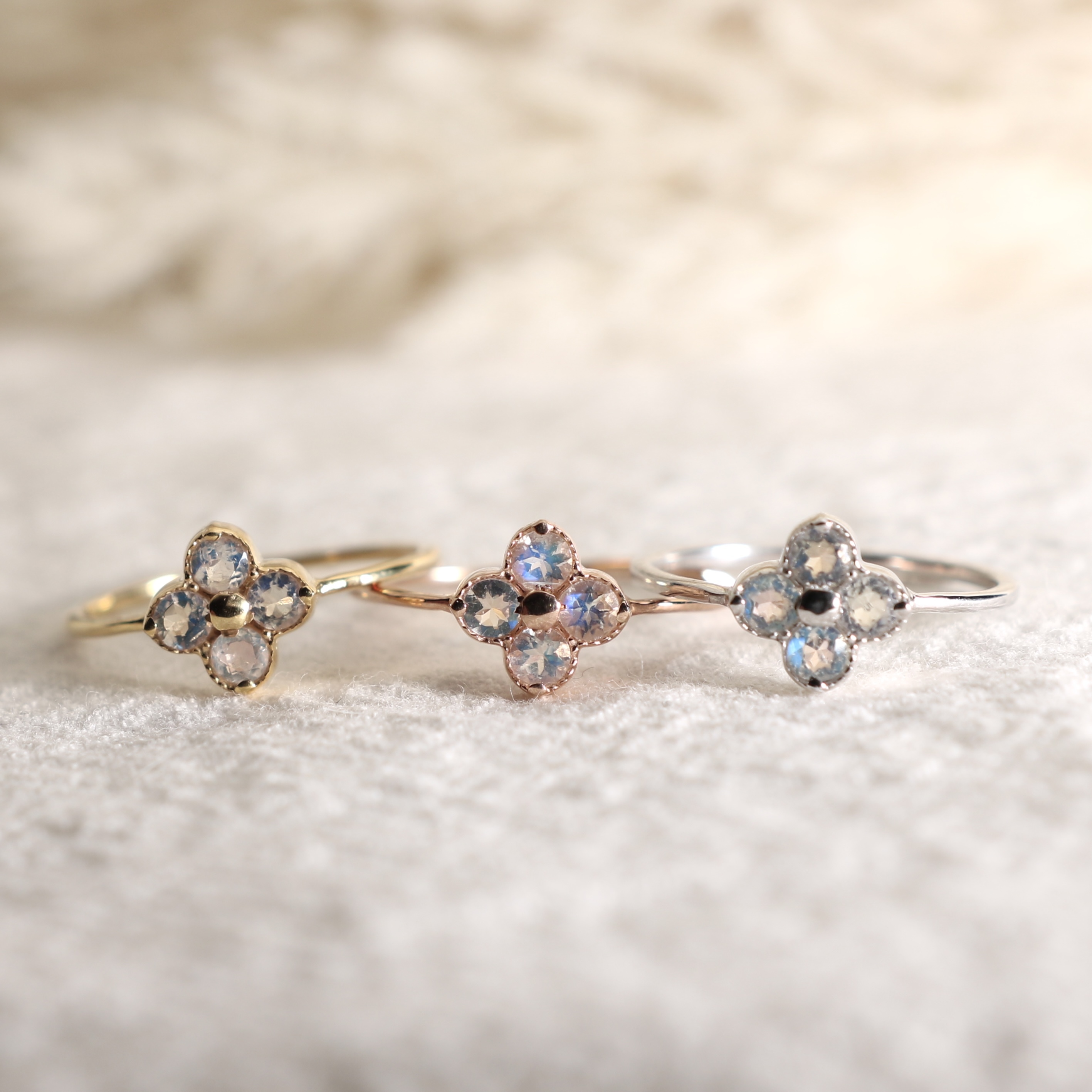 日本天然半貴石-四葉草戒指-月亮石Moonstone