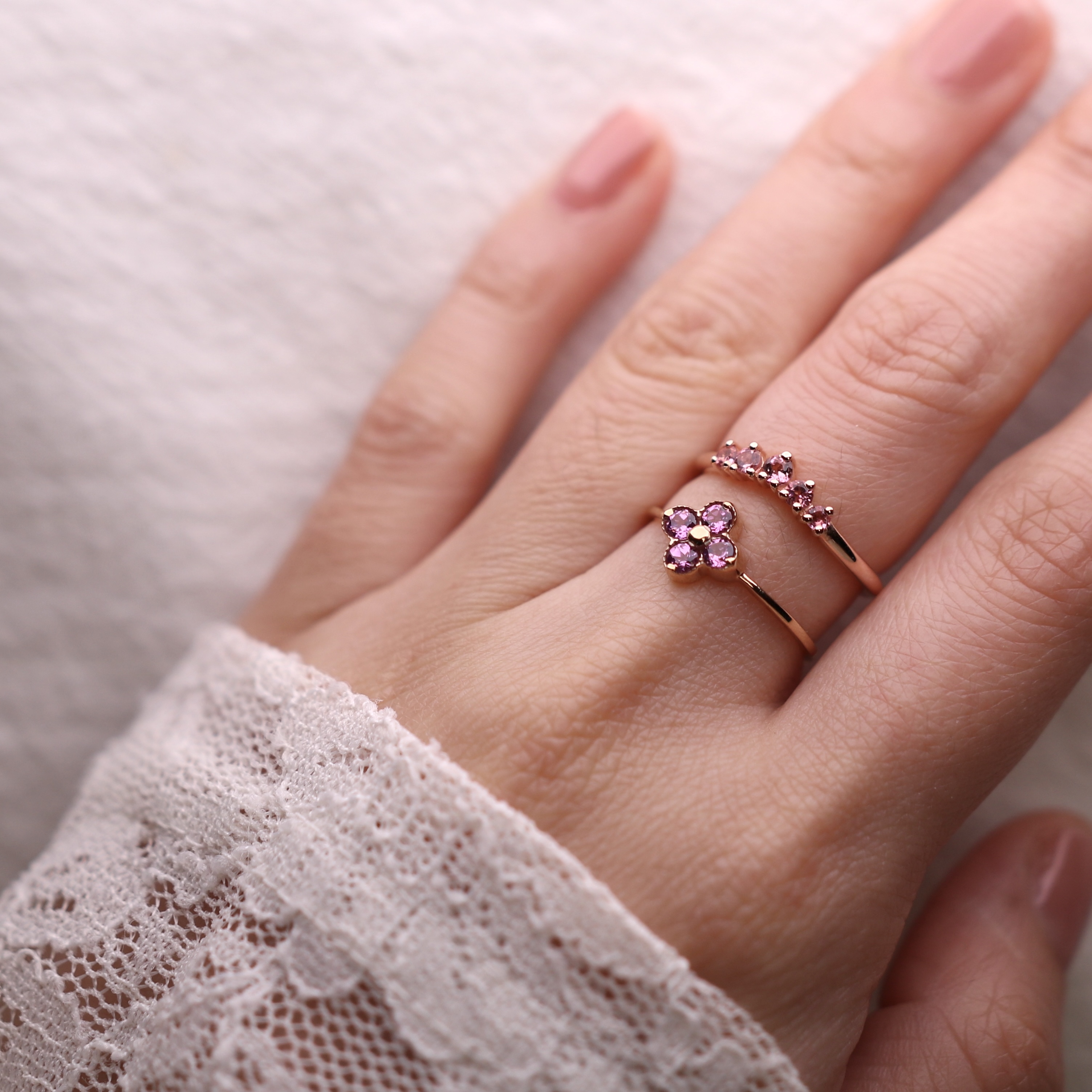 日本天然半貴石-四葉草戒指-粉紅碧璽 Pink Tourmaline