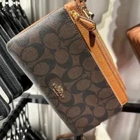 [S] COACH C5576 SIGNATURE PVC DOUBLE ZIP WALLET,IM/BROWN/REDWOOD, 196395076697 (SCO618)