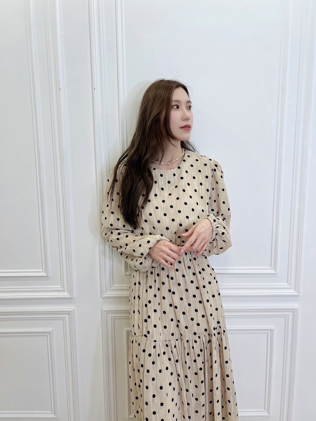 點點彈性腰身長袖長洋