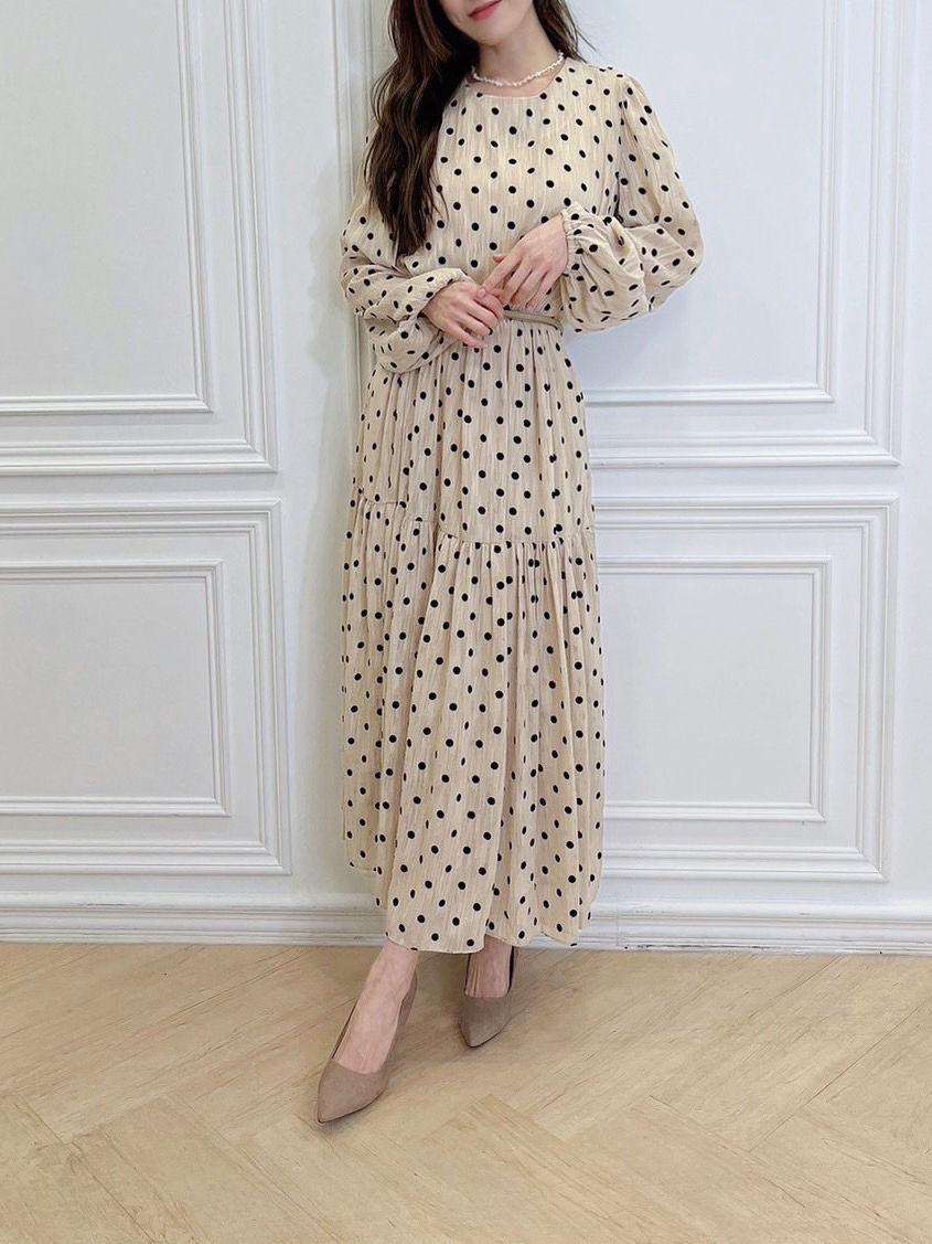 點點彈性腰身長袖長洋