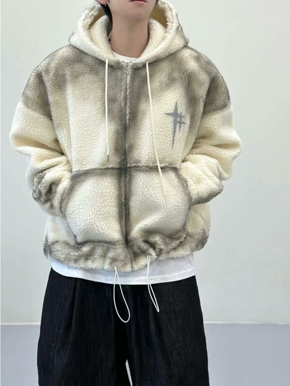 拼色十字圖案拉鍊絨毛外套 JK2499