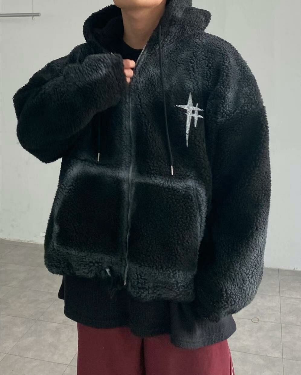 拼色十字圖案拉鍊絨毛外套 JK2499