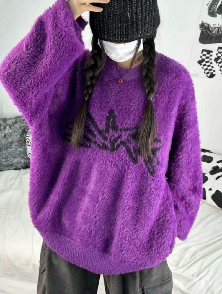 圓領圖案毛毛針織衫 T5322