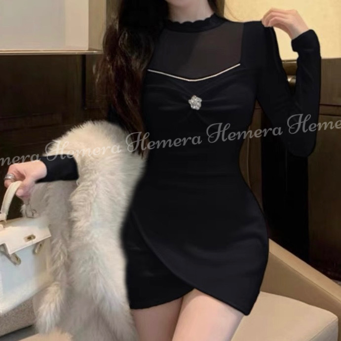 DR24W0151 LACE網紗BLING BLING蝴蝶結顯胸珍連身裙