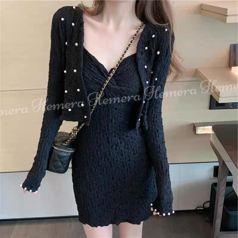 ST24W0149 皺皺料珠珠短版外套連扭結胸位連身裙