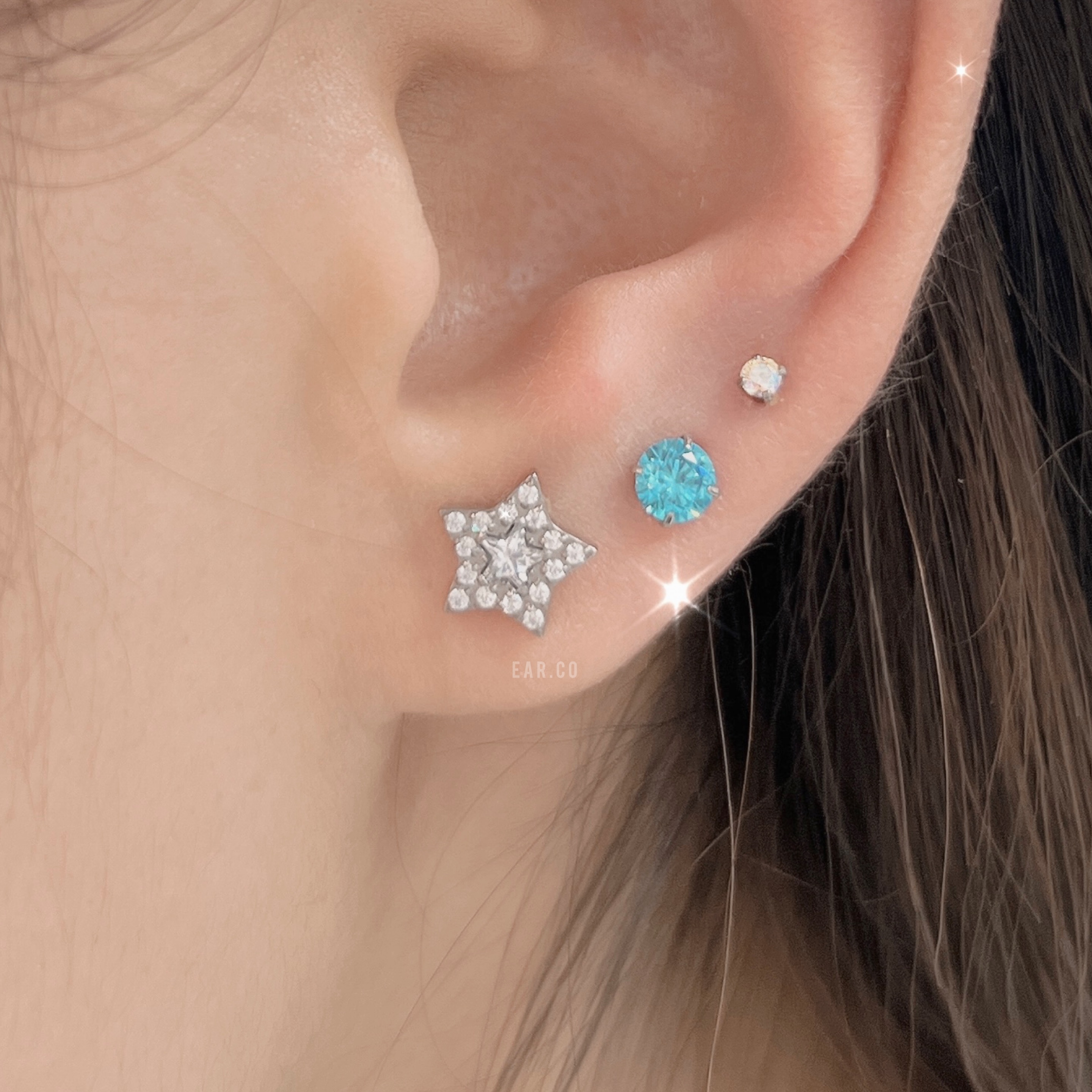 精緻閃星星平頭耳門/耳珠/耳骨釘 [G23 Titanium] [單支]