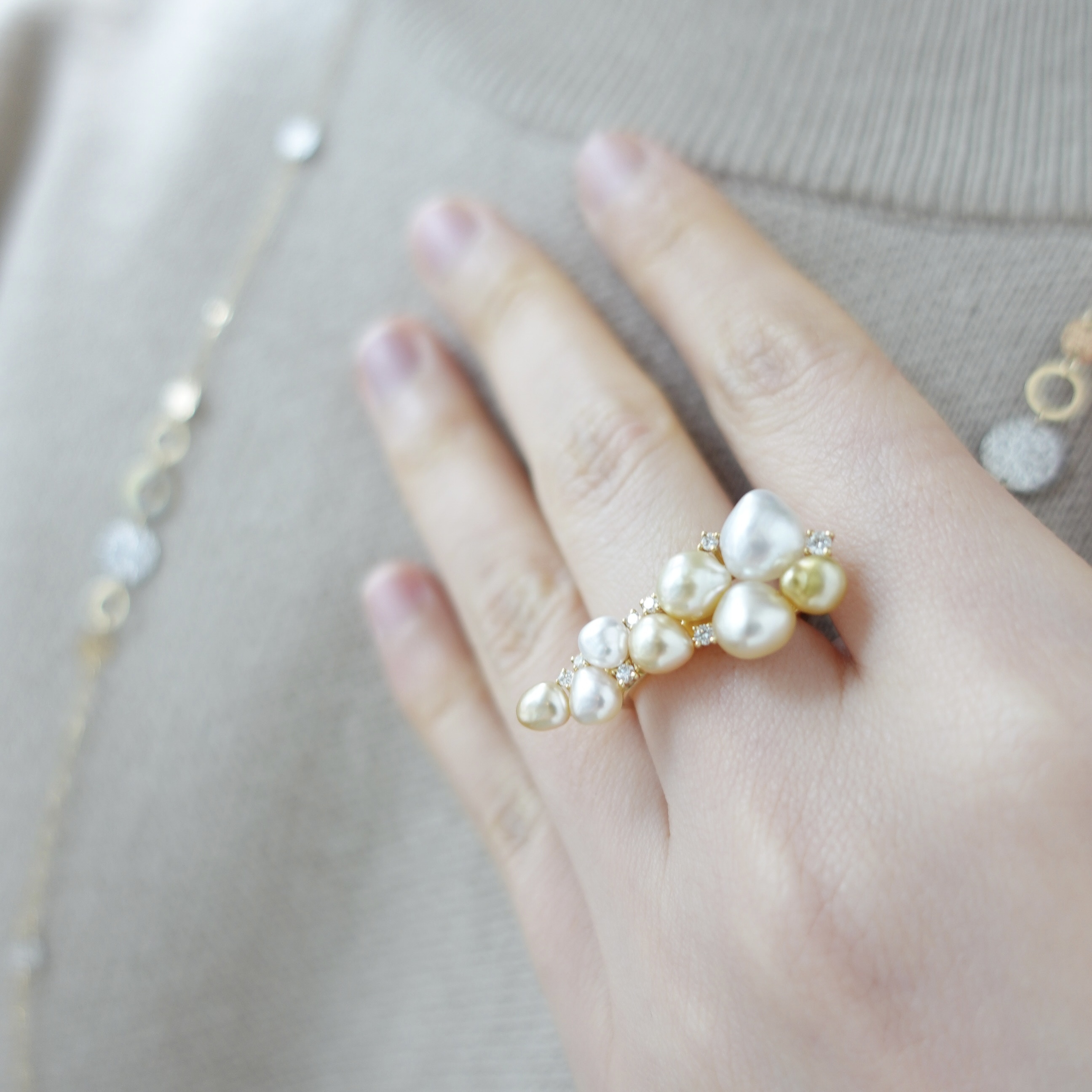 18K金天然Keshi無核南洋珍珠鑽石戒指