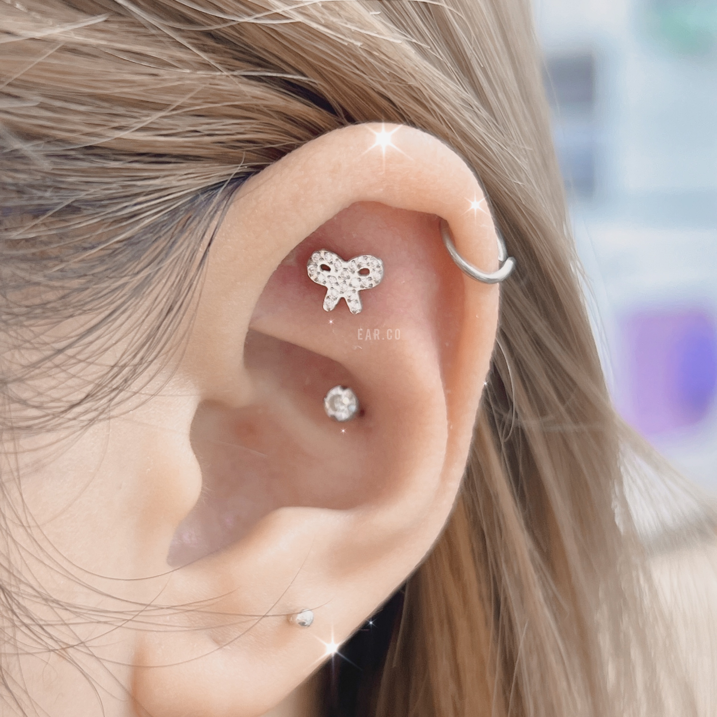 貼耳小蝴蝶結平頭耳門/耳珠/耳骨釘 [G23 Titanium] [單支]