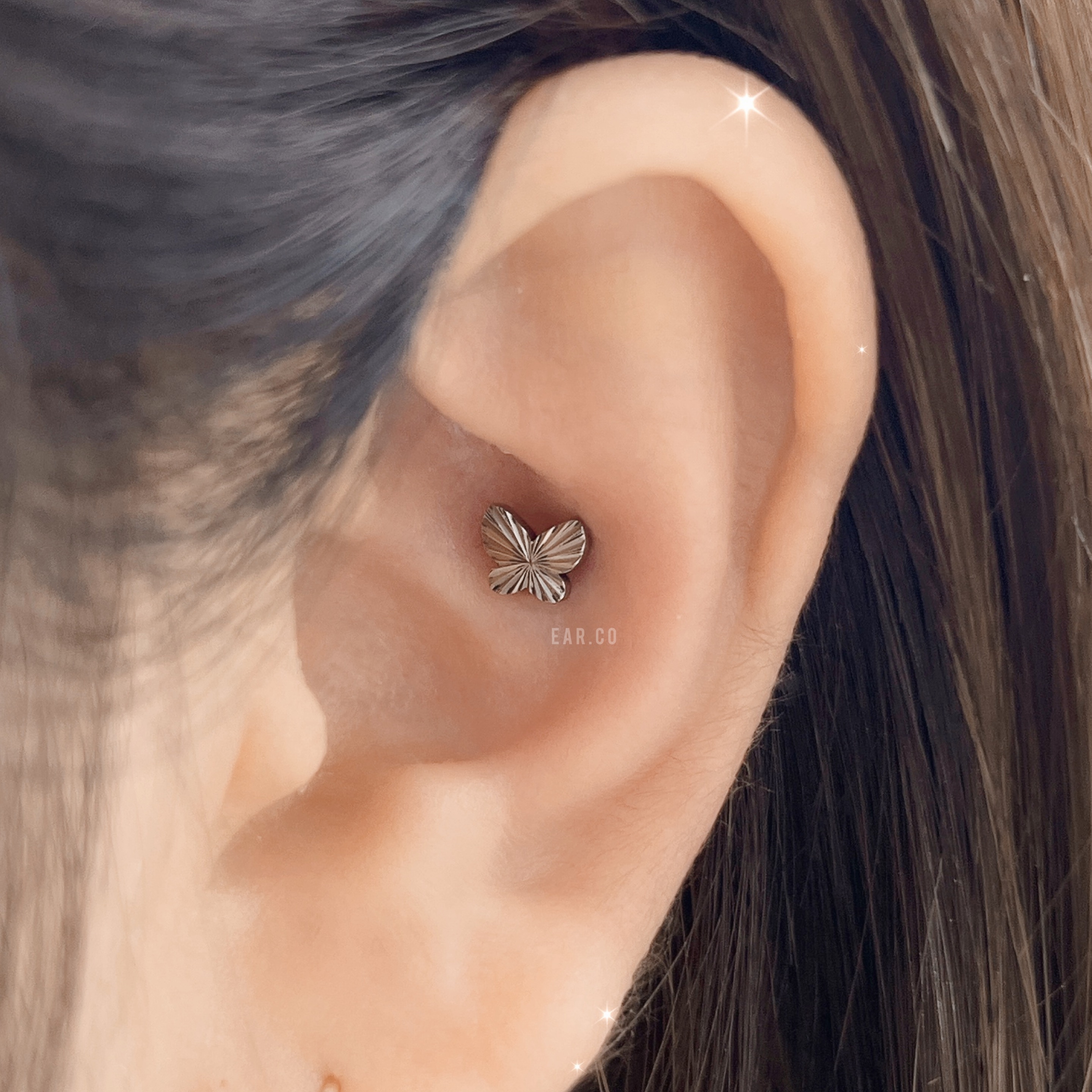 紋理小蝴蝶平頭耳門/耳珠/耳骨釘 [G23 Titanium] [單支]