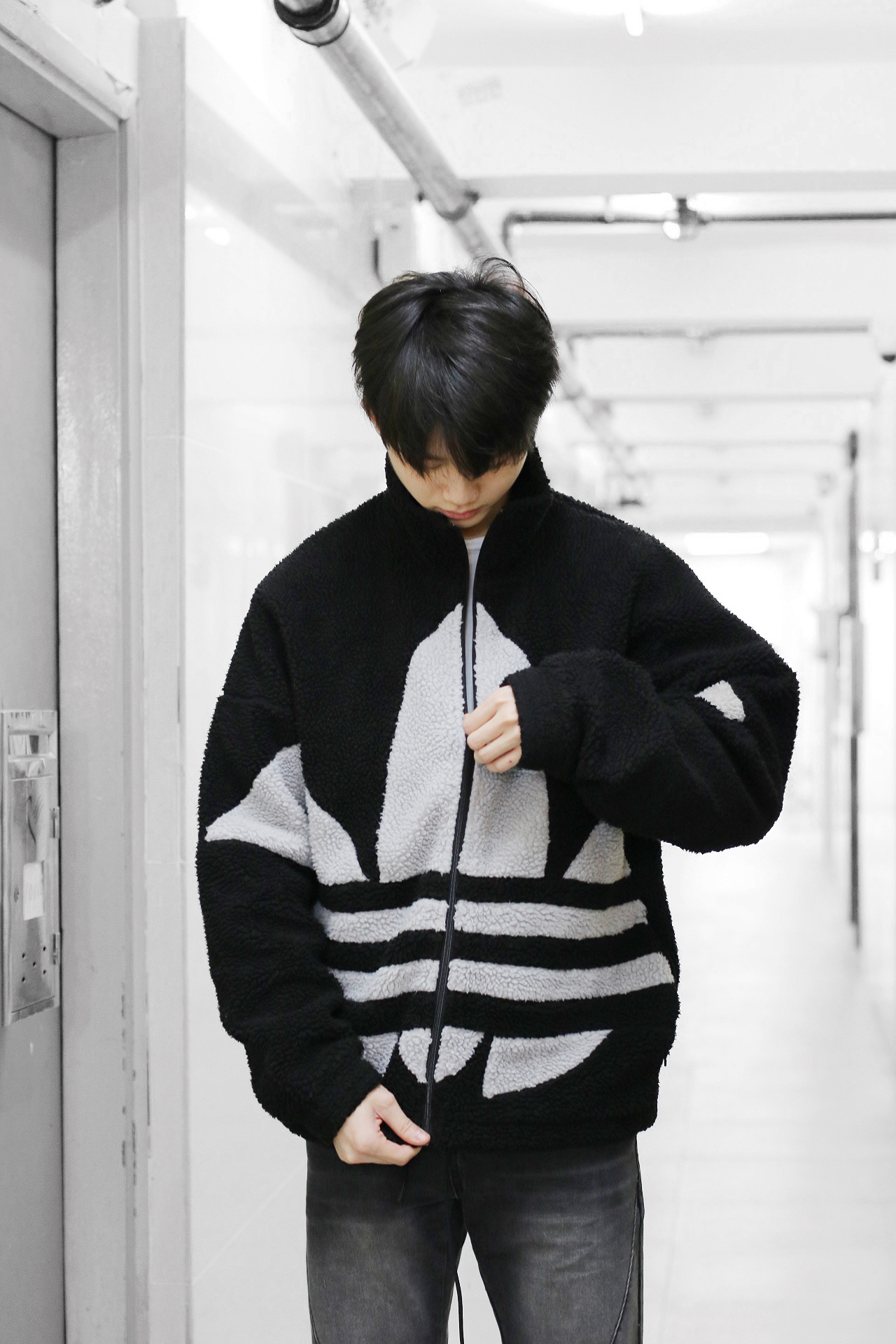 Adidas Sherpa Jacket Black Grey三葉草羊羔毛外套