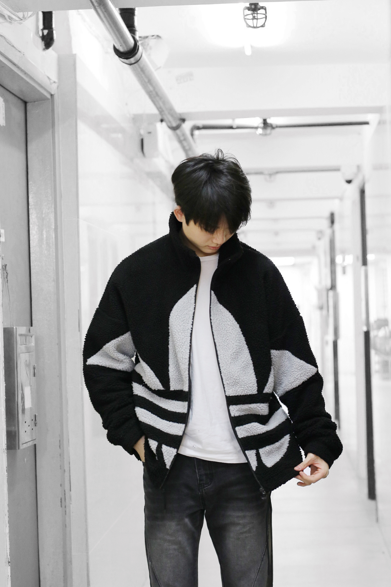 Adidas Sherpa Jacket Black Grey三葉草羊羔毛外套