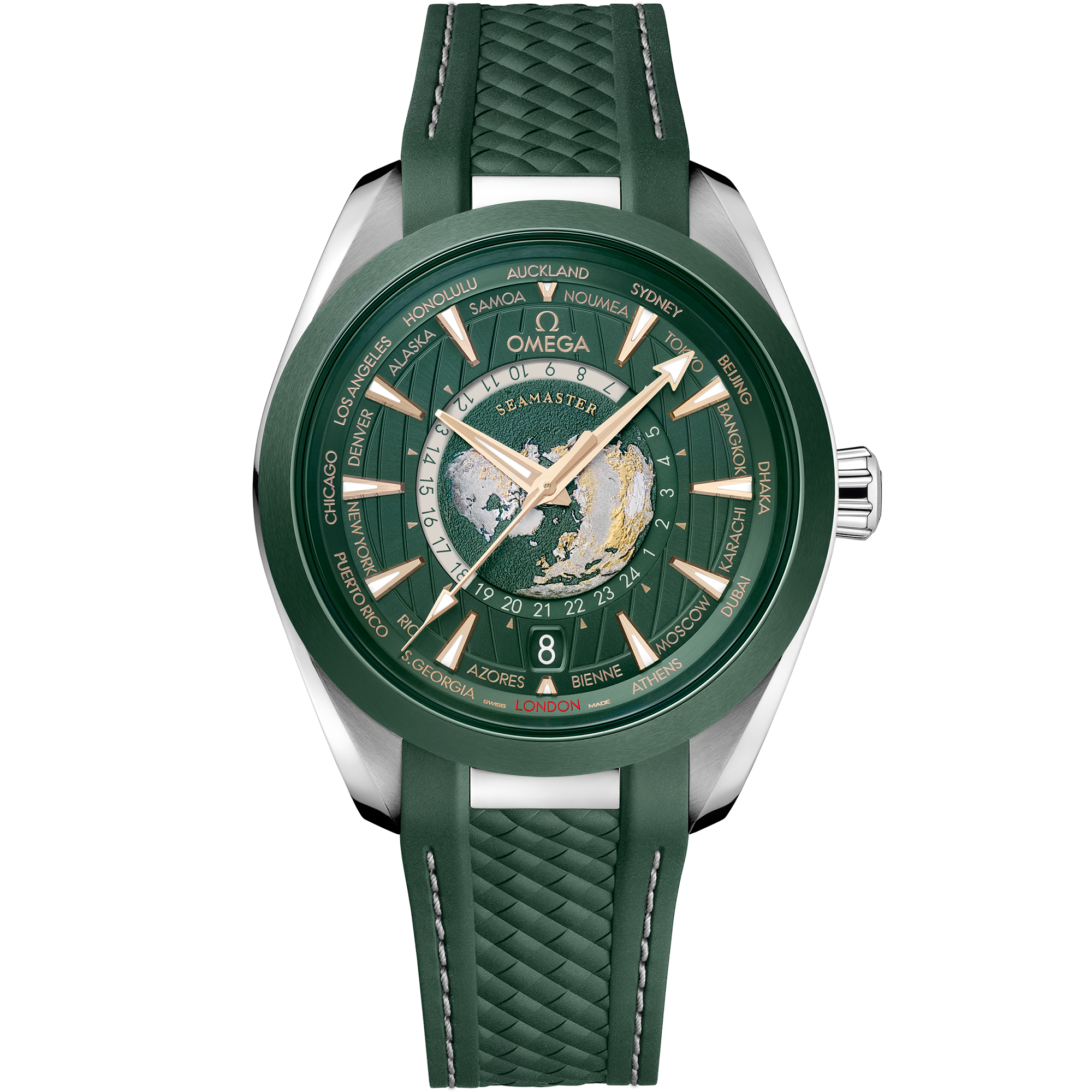 BRAND NEW OMEGA SEAMASTER 220.32.43.22.10.001 22032432210001 AQUA TERRA 150M CO‑AXIAL MASTER CHRONOMETER GMT WORLDTIMER ceramic bezel green 43 MM