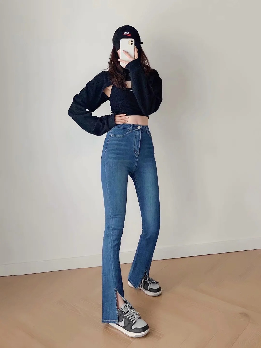 彈性高腰 開衩喇叭褲(黑/米白/深藍/淺藍)