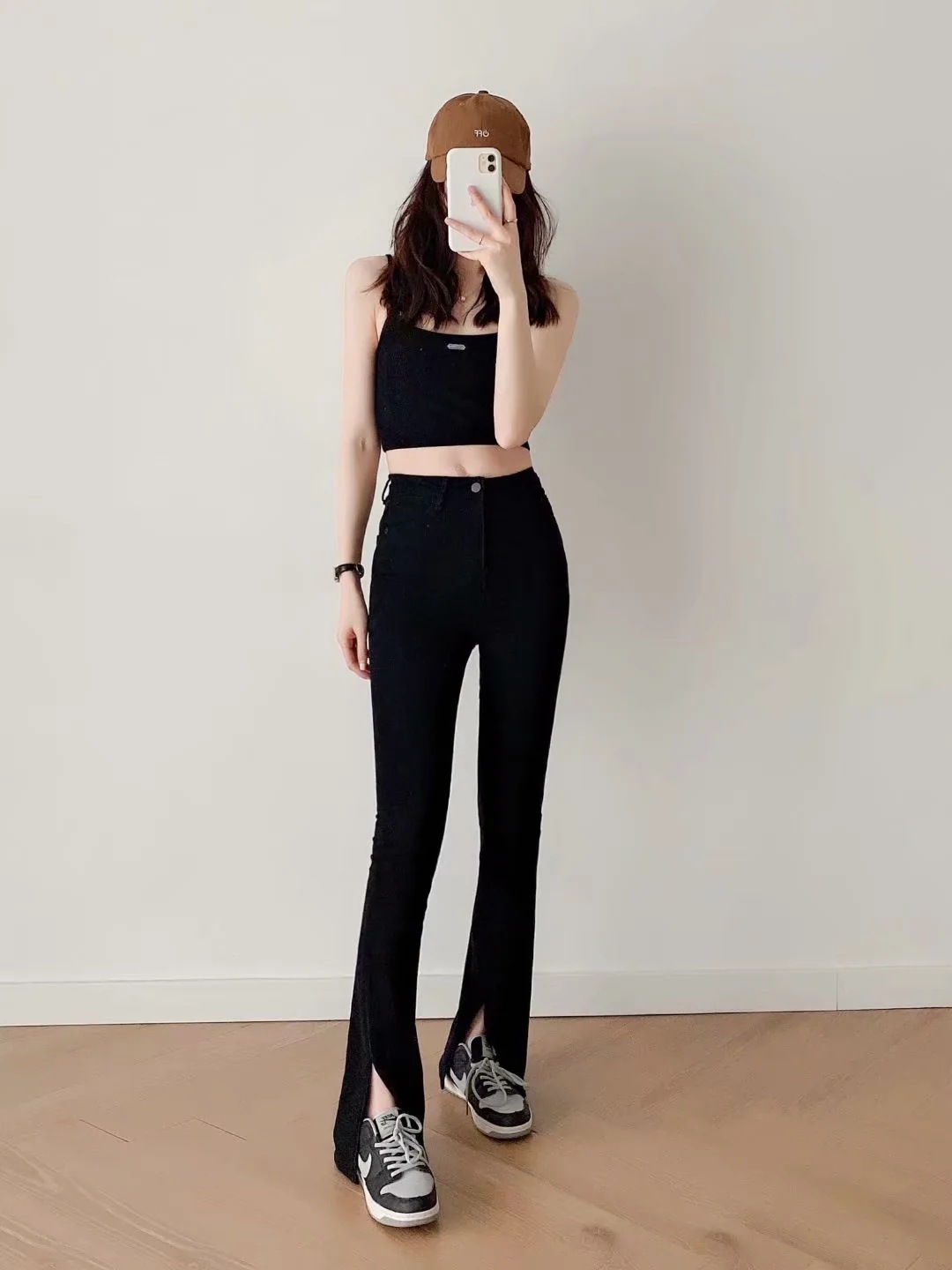 彈性高腰 開衩喇叭褲(黑/米白/深藍/淺藍)