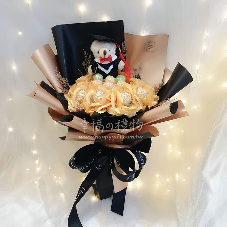 10朵金莎6朵棒棒糖小熊花束,金色包裝,畢業花束