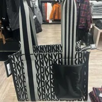 [S] DKNY KZH33J26 ALLOVER PROSPECT CANVAS MEDIUM TOTE,BLACK LOGO/BLACK, 755404322288 (SD745)