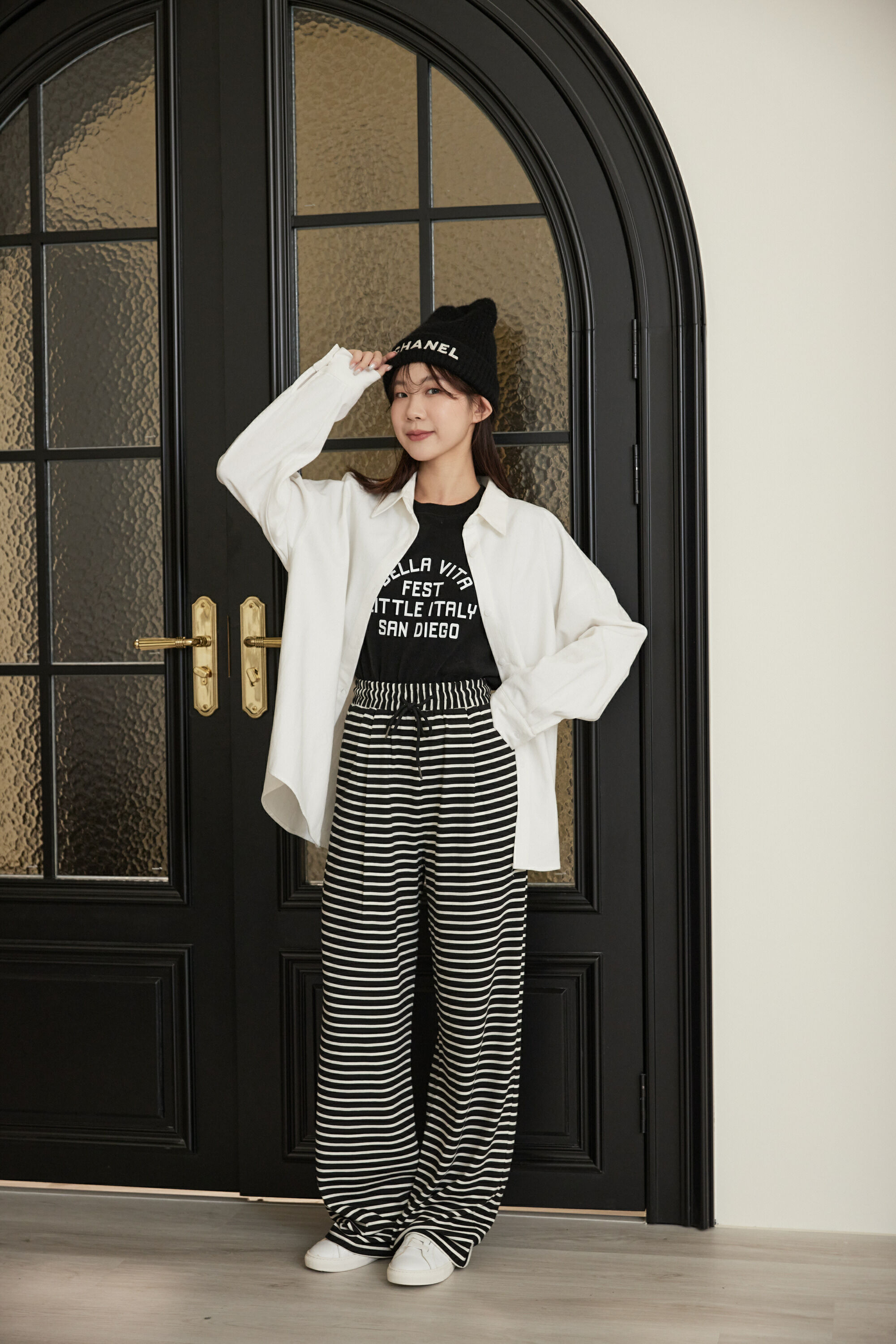 『最後現貨』guten made/藏肉冠軍！高腰長腿橫條紋機場褲-黑底白條