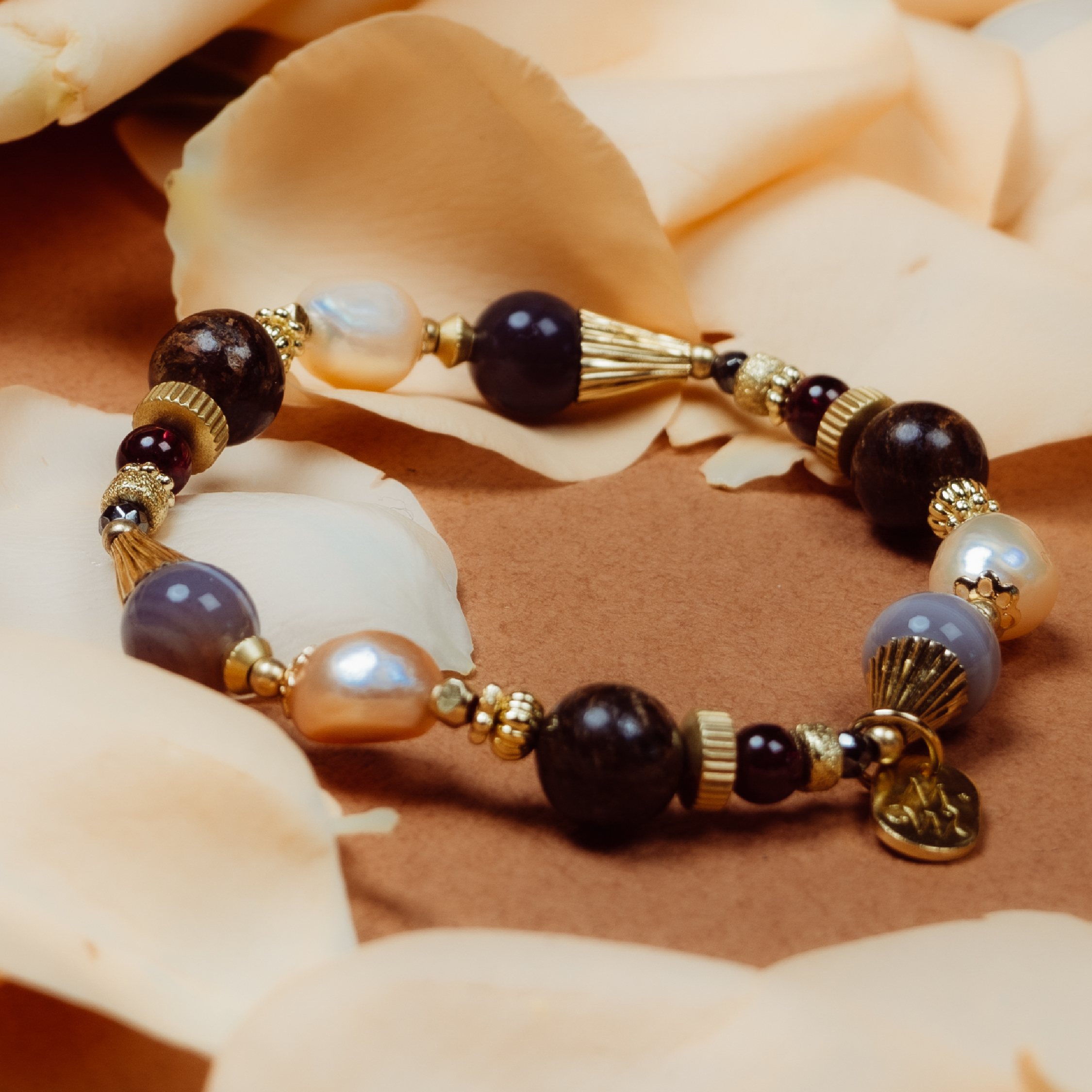 復古蜜桃美｜珍珠金銅石波斯瑪瑙手鍊 C1589