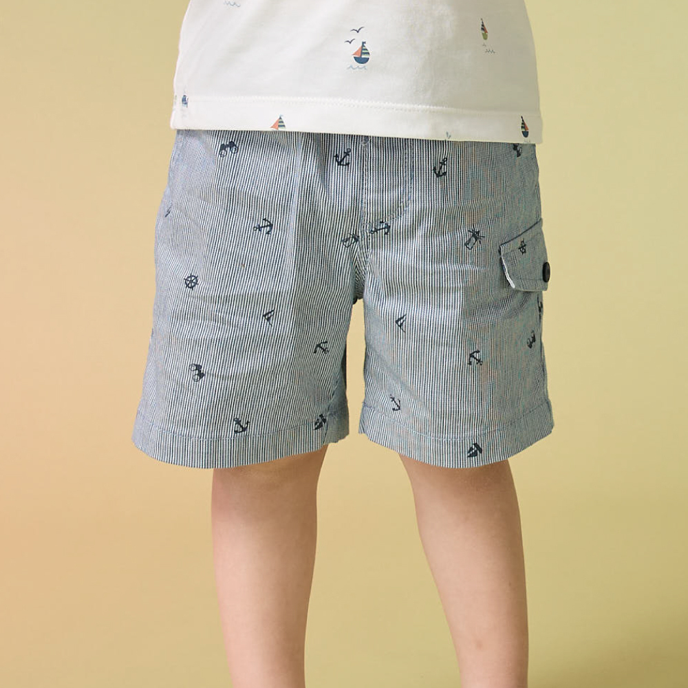 PIPPY 清爽直條紋船錨印花彈性棉4分短褲 藍