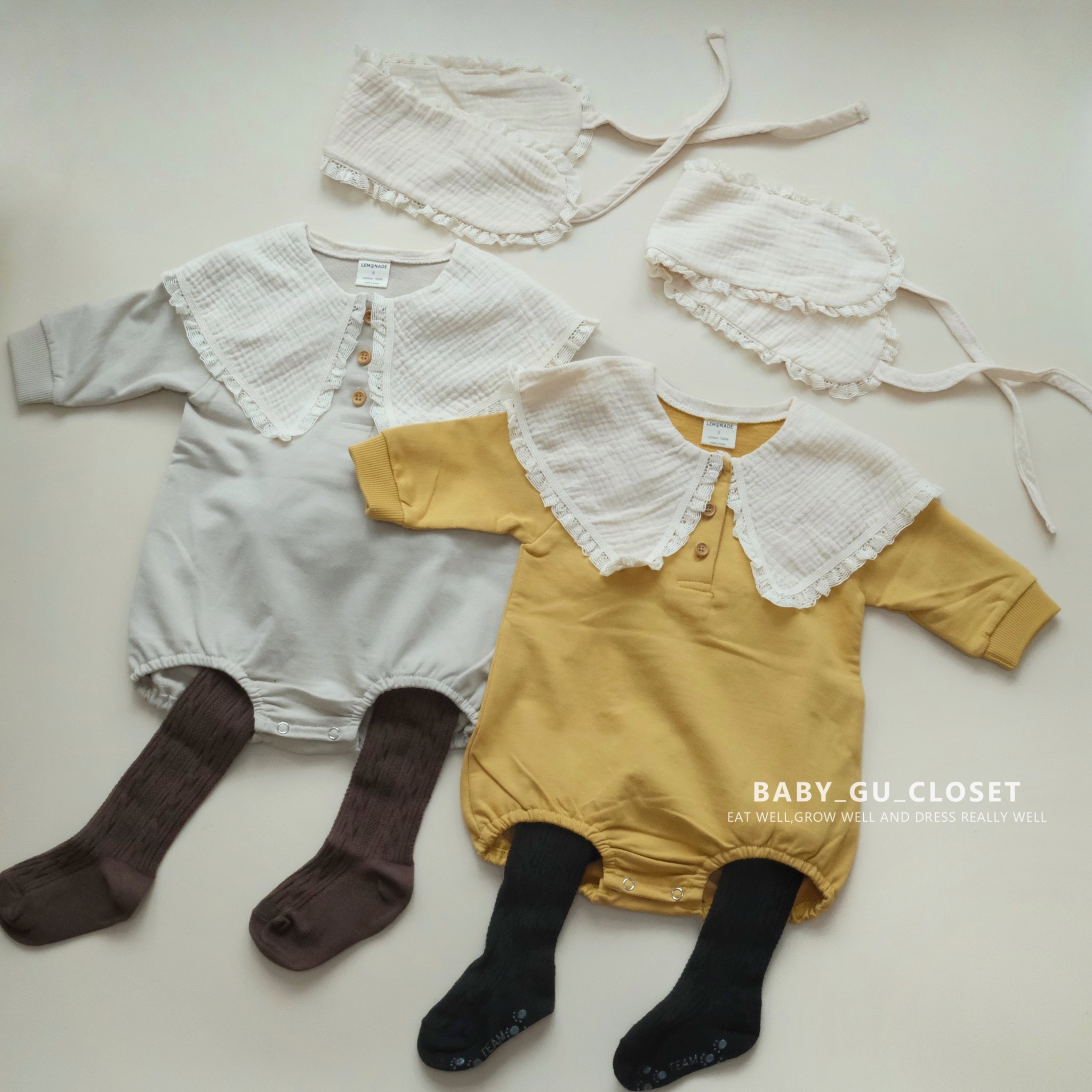 蕾絲領長袖包屁衫+髮帶