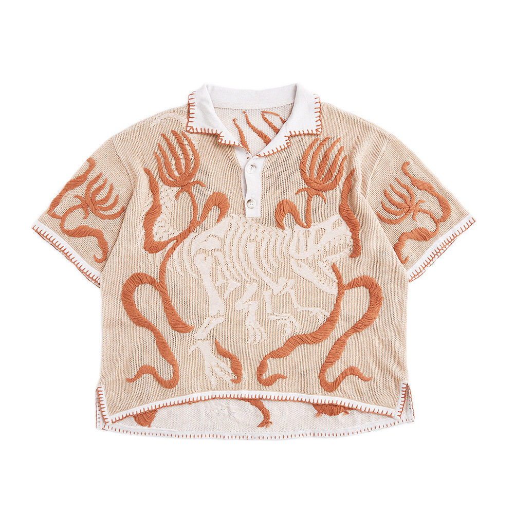 [D3C] Dragon Fossil Hand Embroidered Shirt- Brown