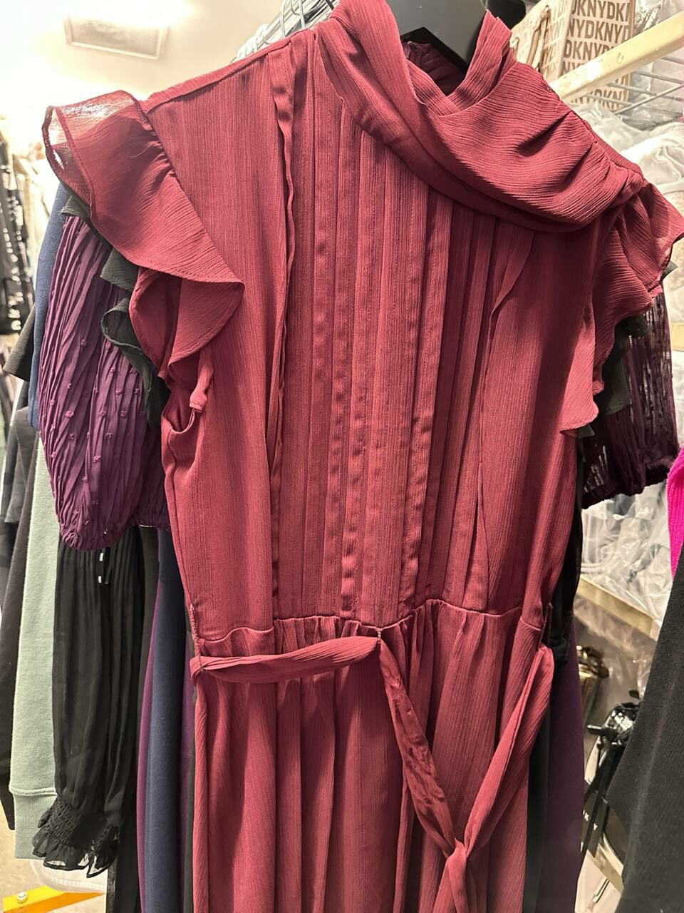 [S] DKNY MOCK NECK FLUTTER CAP SLEEVE DRESS,MAROON, DD3GI092-MAR (SD777)