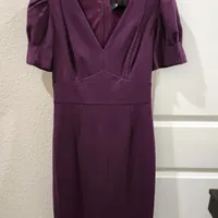 [S] DKNY STRETCH V-NECK PUFF SLEEVE SHEATH DRESS,WINE, DD1G2512-WNE (SD778)