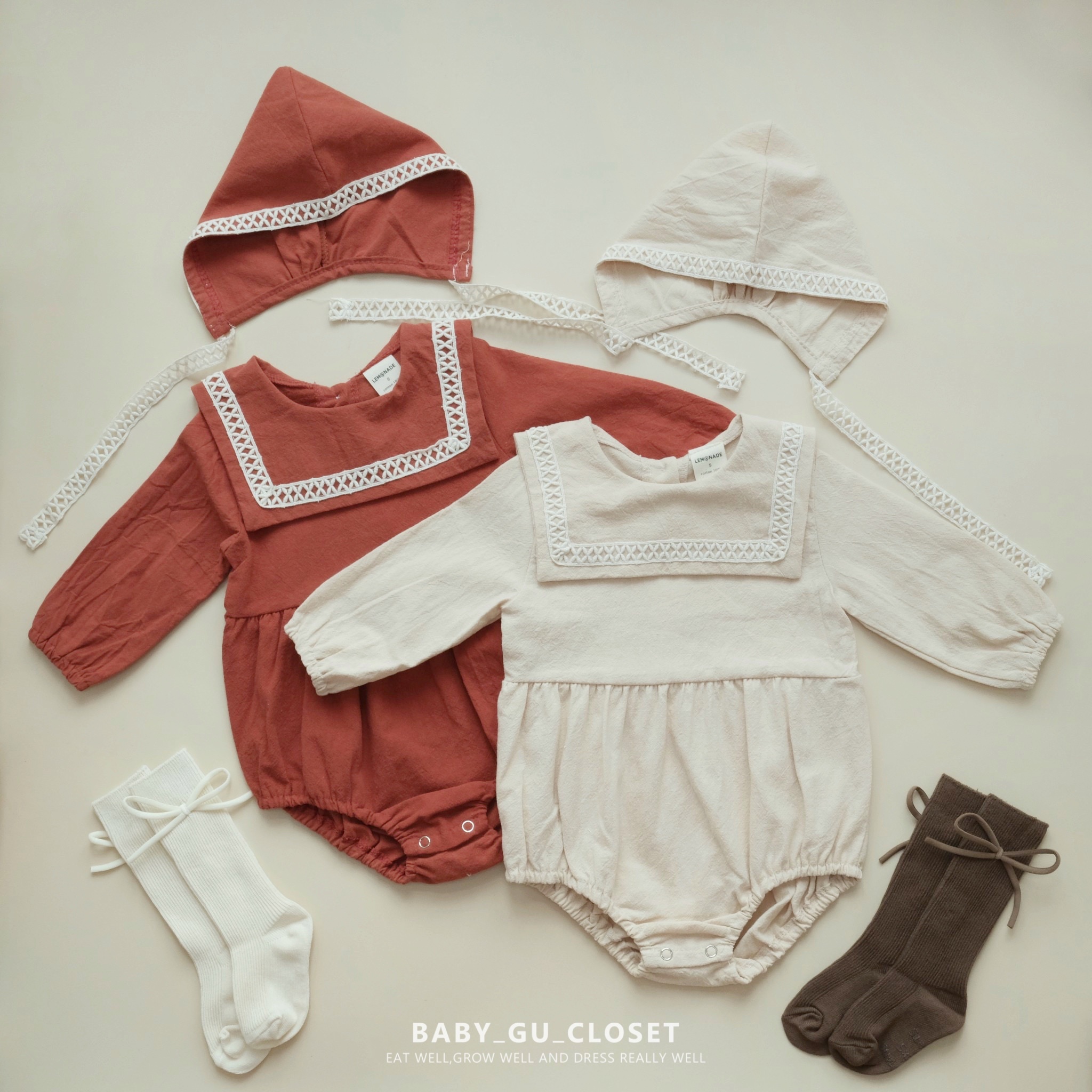 交叉蕾絲長袖包屁衫＋帽