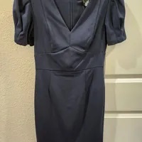 [S] DKNY STRETCH V-NECK PUFF SLEEVE SHEATH DRESS,BLUE, DD1G2512-MID (SD783)