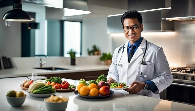 一位穿白袍的醫師端出營養的蔬菜水果，提供高血壓病患飲食建議