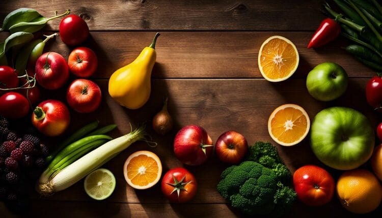 桌上擺滿五顏六色的蔬果，建議高血壓患者多攝取高纖維食物