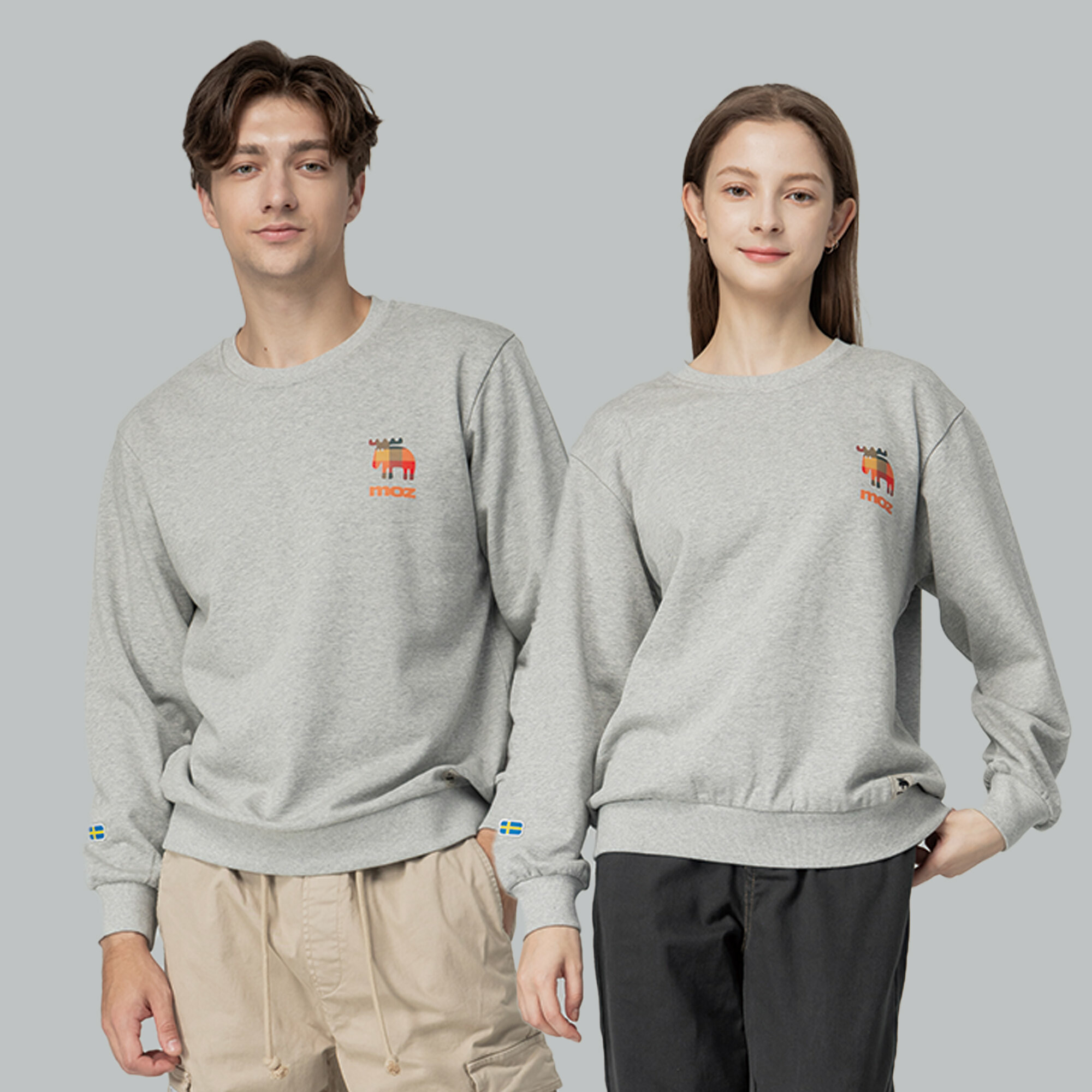 moz瑞典 格紋駝鹿 100%純棉 大學T -麻花灰(亞洲版) 男女共款