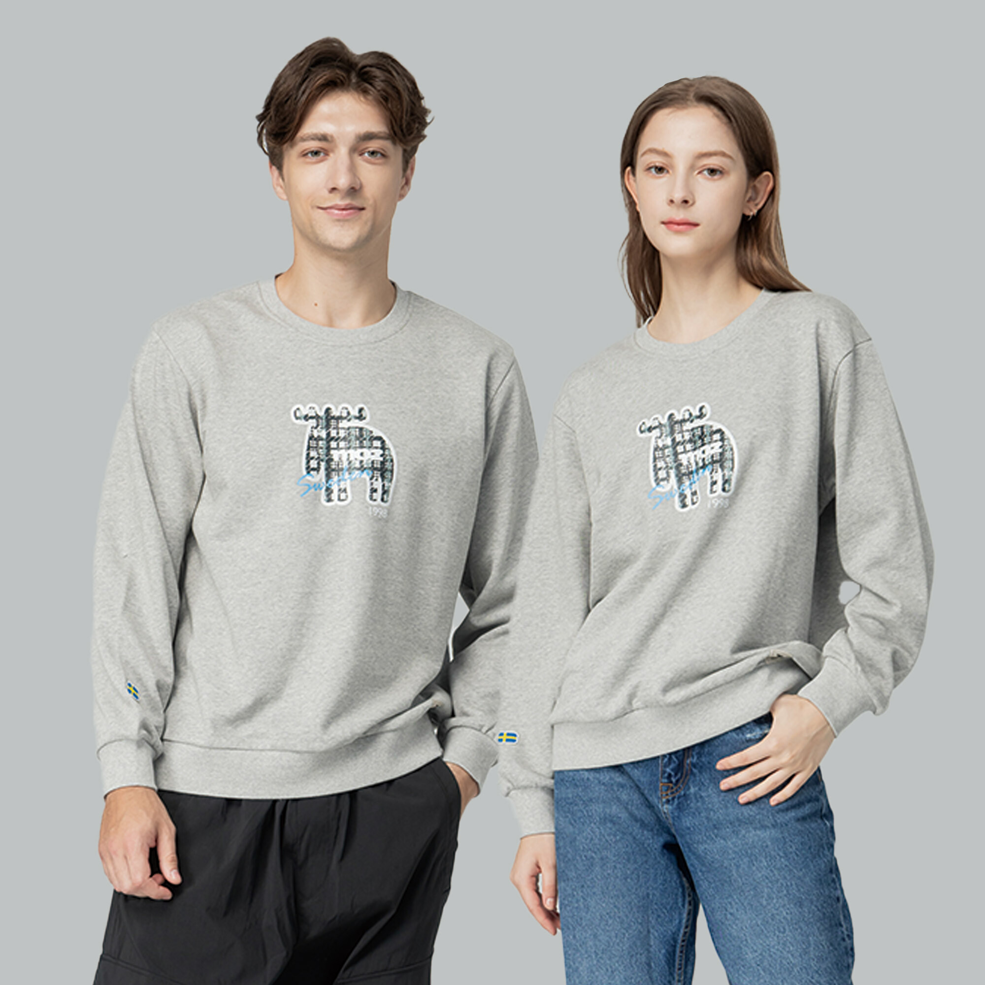 moz瑞典 千鳥紋駝鹿 100%純棉 大學T -麻花灰(亞洲版) 男女共款