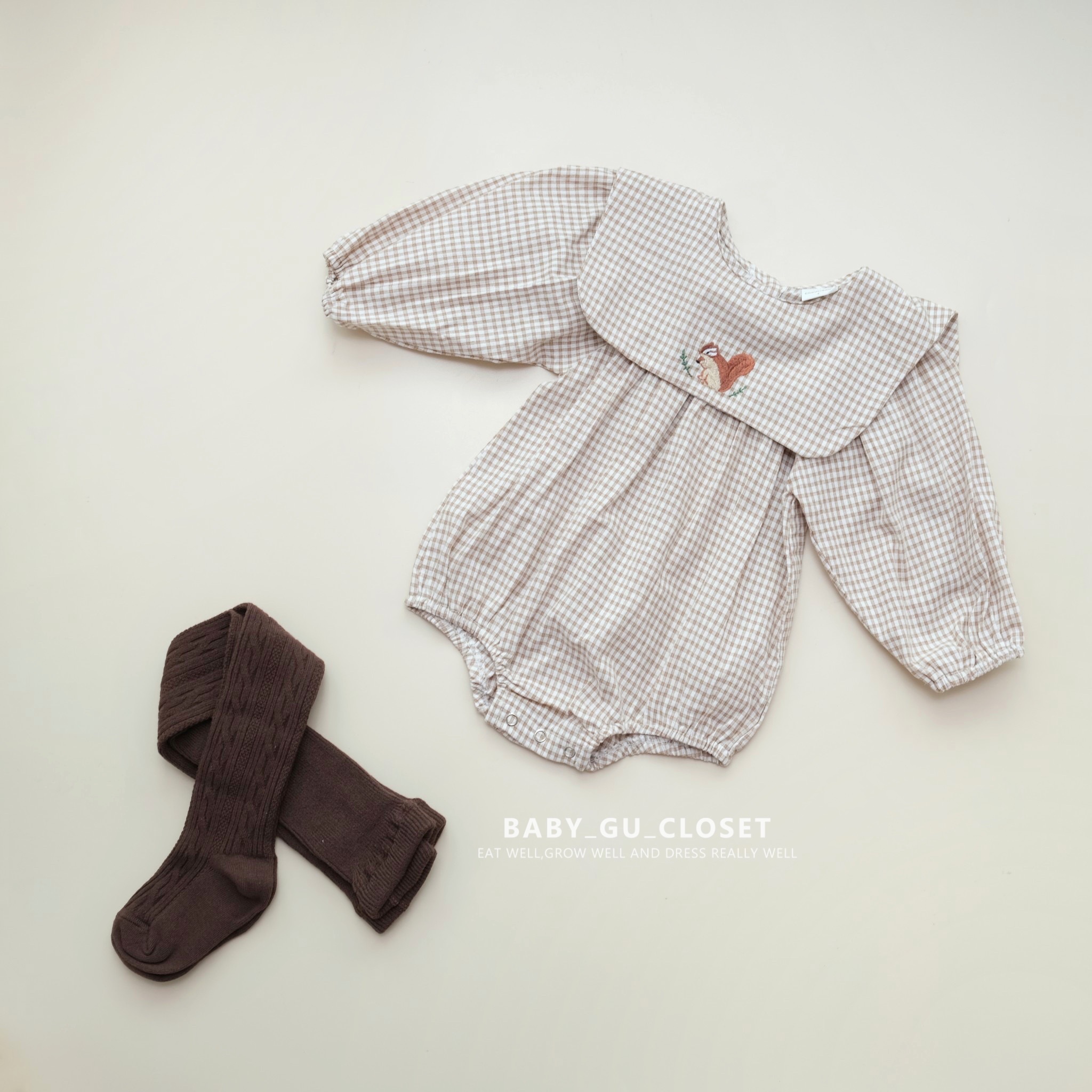 松鼠繡花長袖包屁衫