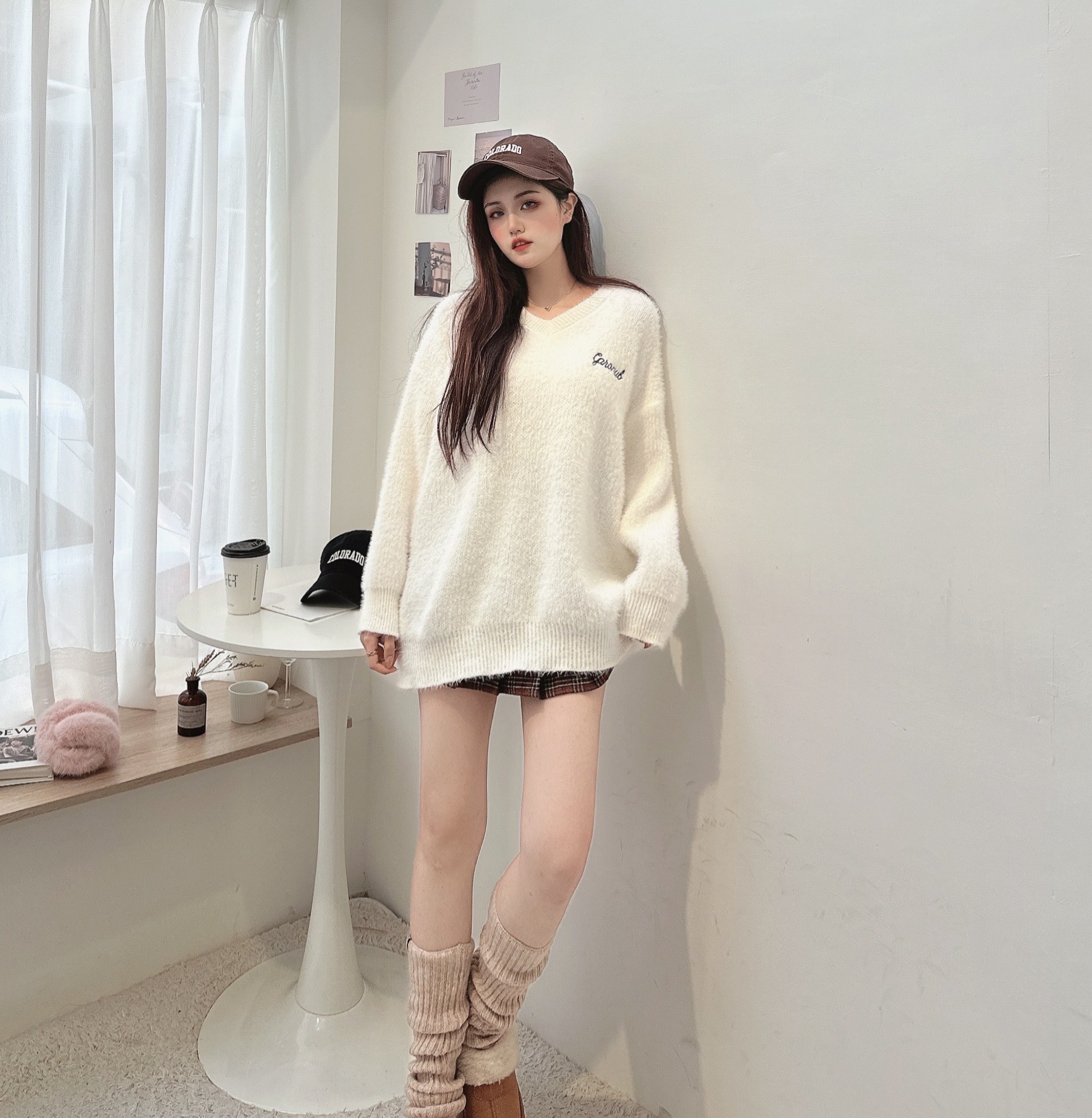 水貂毛V領針織毛衣/二色