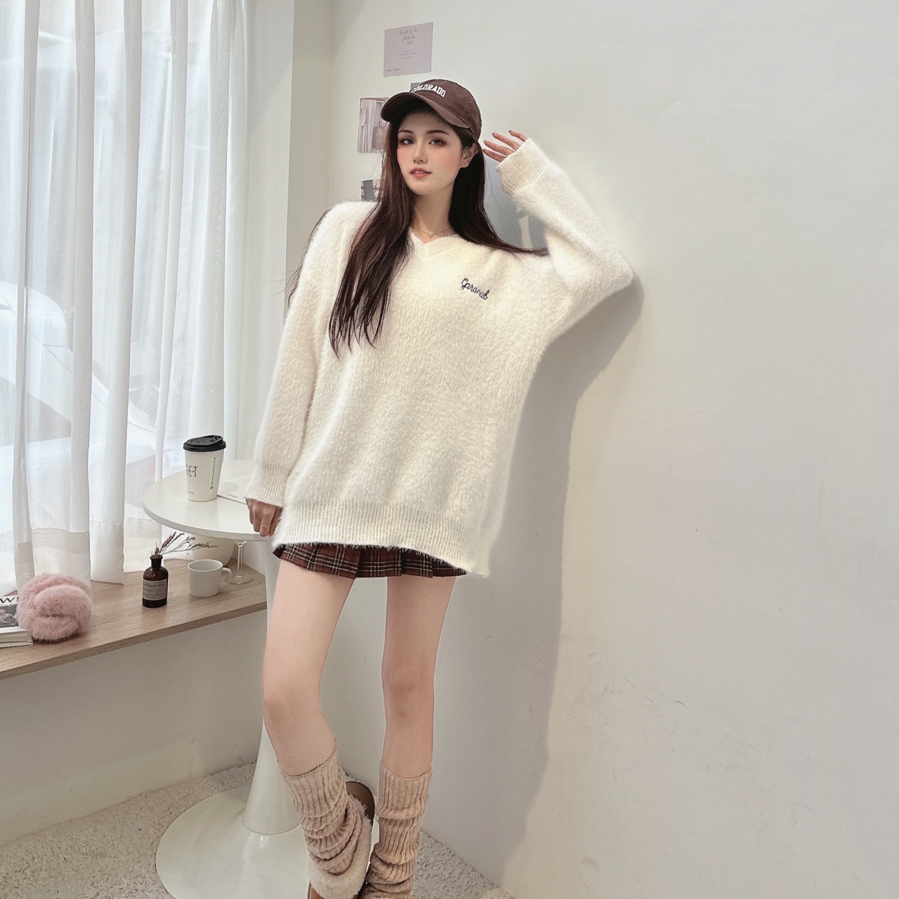 水貂毛V領針織毛衣/二色