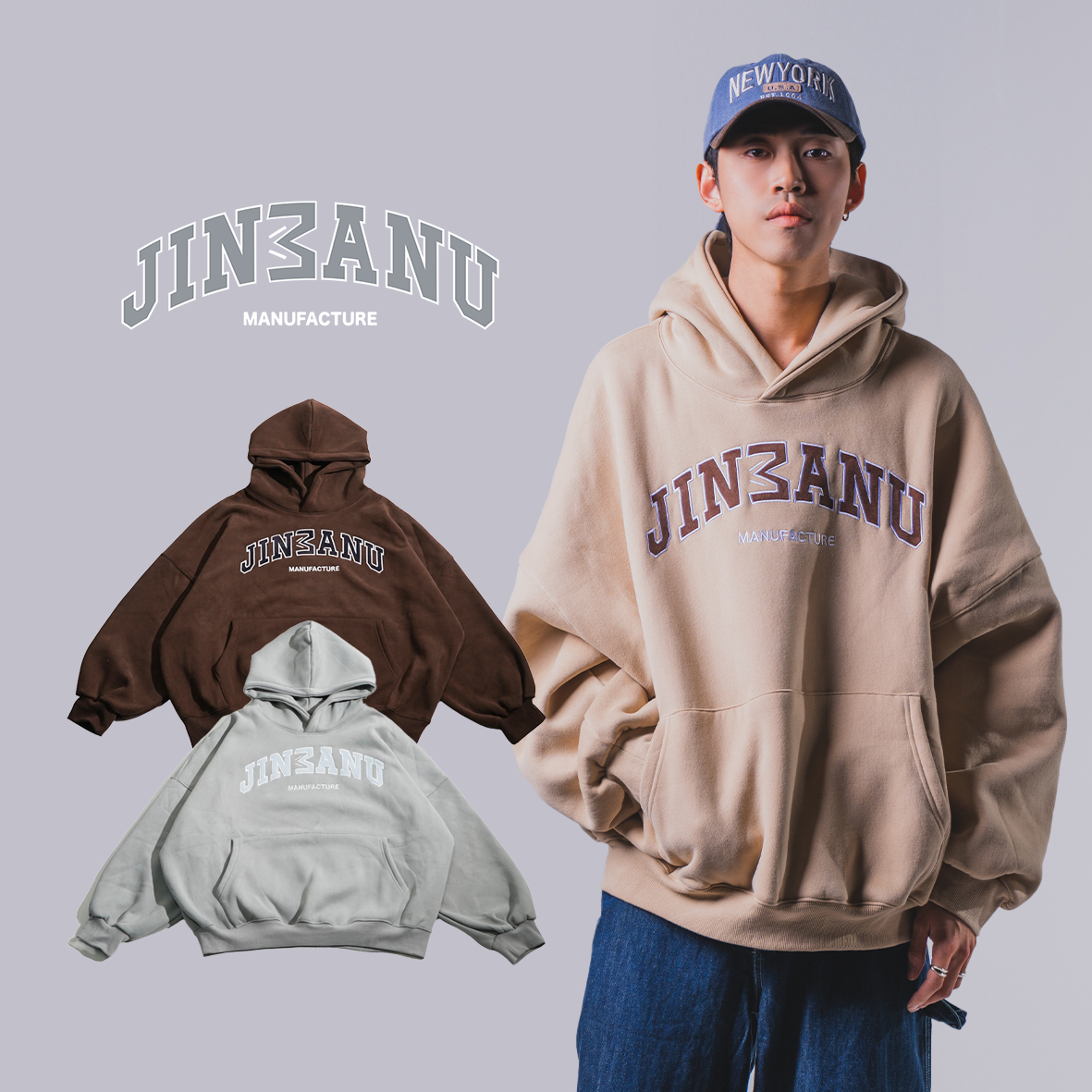 JINMANU COLLEGE LOGO HOODIE   弧形美式字體羊毛氈貼布繡帽TEE