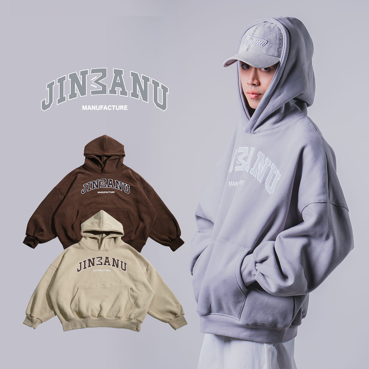 JINMANU COLLEGE LOGO HOODIE   弧形美式字體羊毛氈貼布繡帽TEE