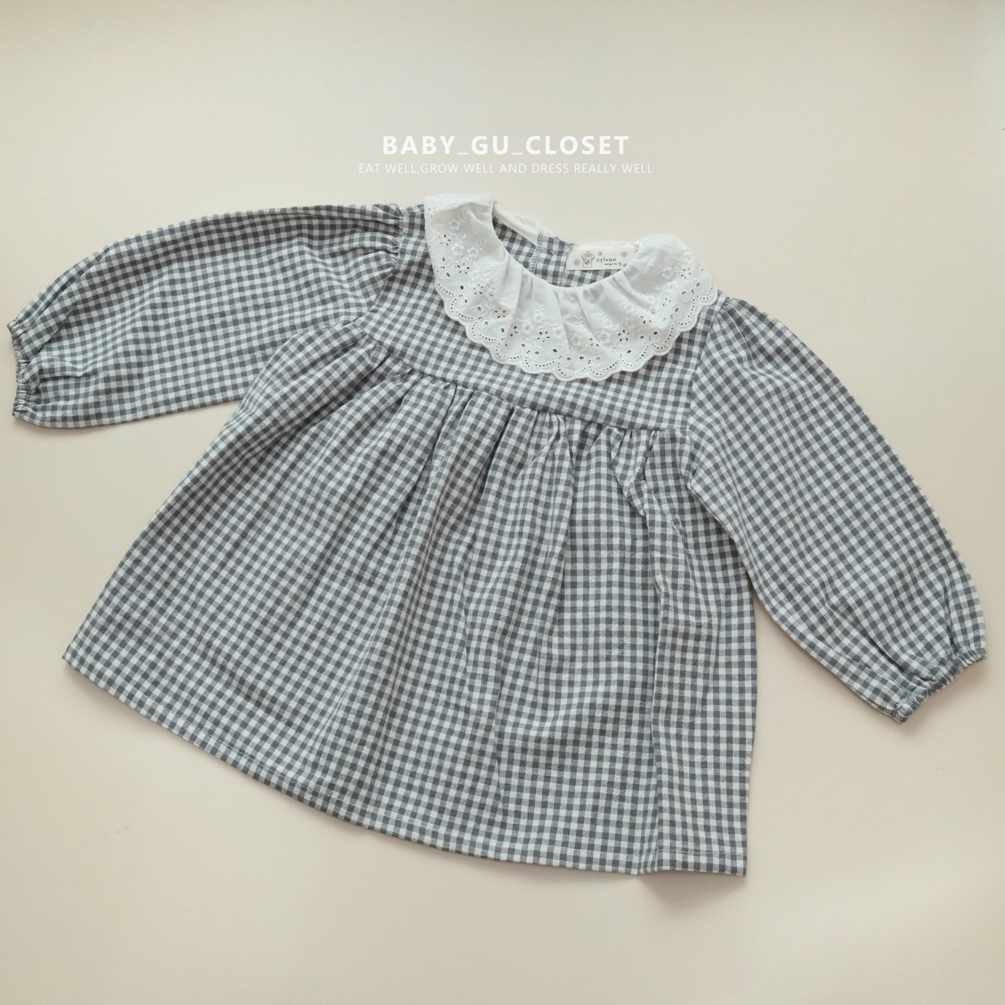 格仔蕾絲領長袖裙