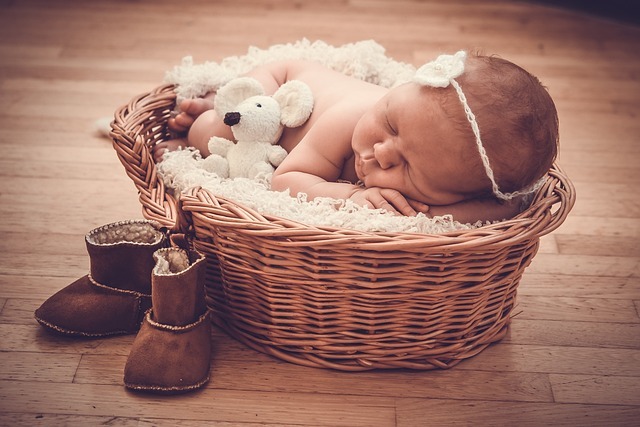 一個嬰兒睡在籃子裡。