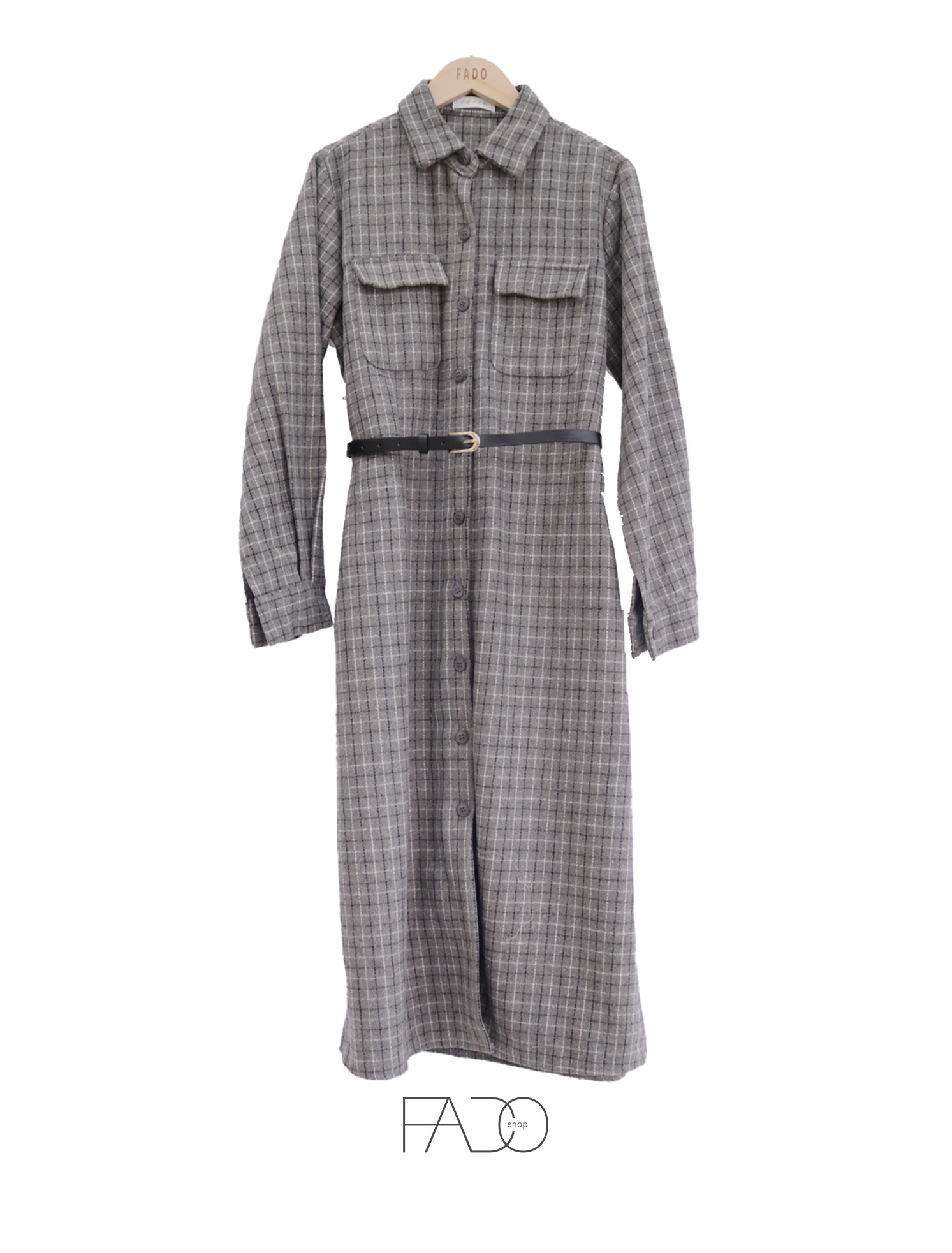 法朵Fado Shop｜附皮帶排釦格紋洋 6740001 深灰/杏